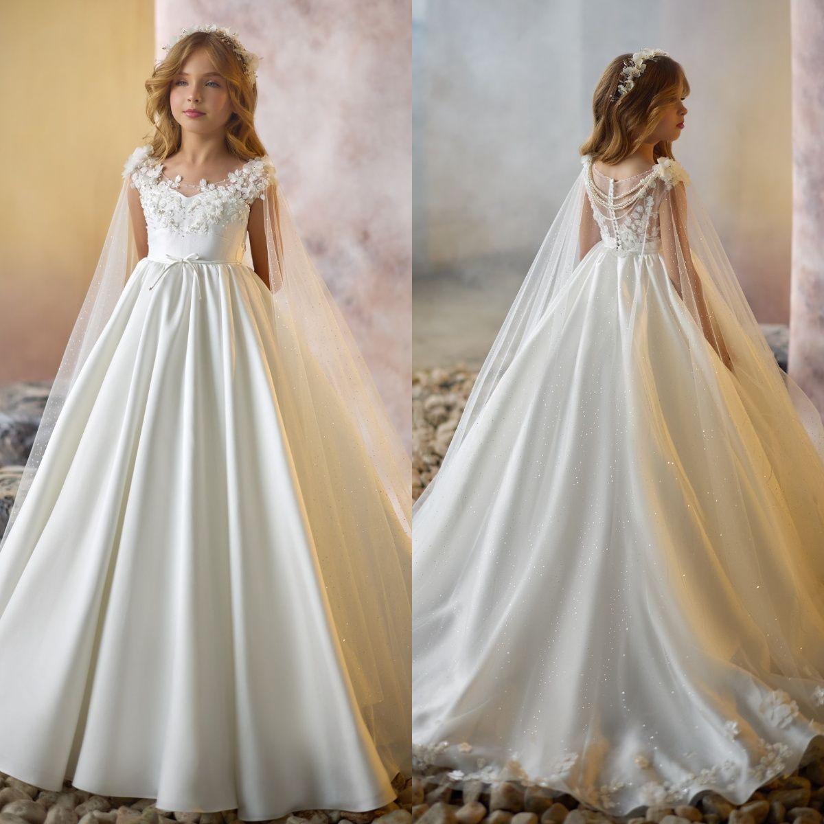 Elegant White Flower Girl Dresses With Wrap Customized Appliqued Litter Girls Birthday Party Gowns Baby First Communion Dresses