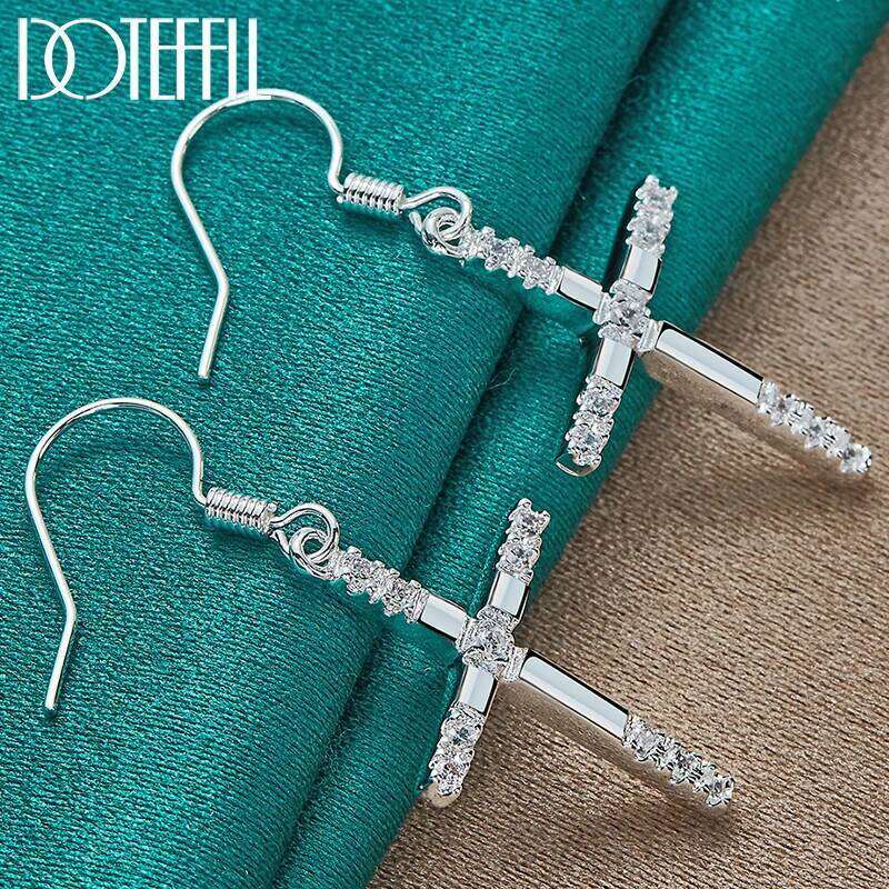 DOTEFFIL 925 Sterling Silver Cross AAA Zircon Drop Earring For Woman Charm Party Wedding Jewelry