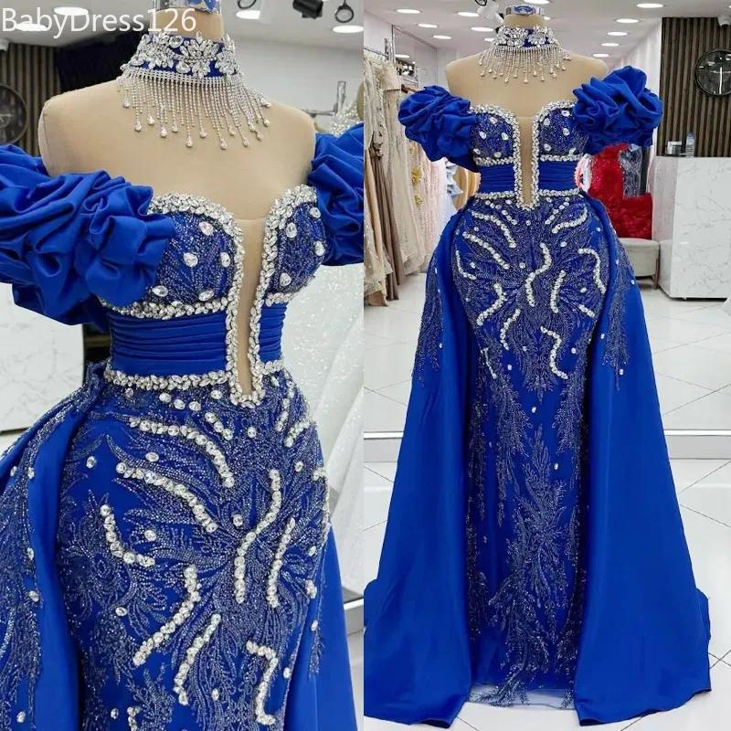 Plus Size Royal Blue Mermaid Prom Dress 2026 Evening Elegant Dresses Detachable Train High Neck Flora Beaded Lace Birthday Dress Second Reception Gown AM3138