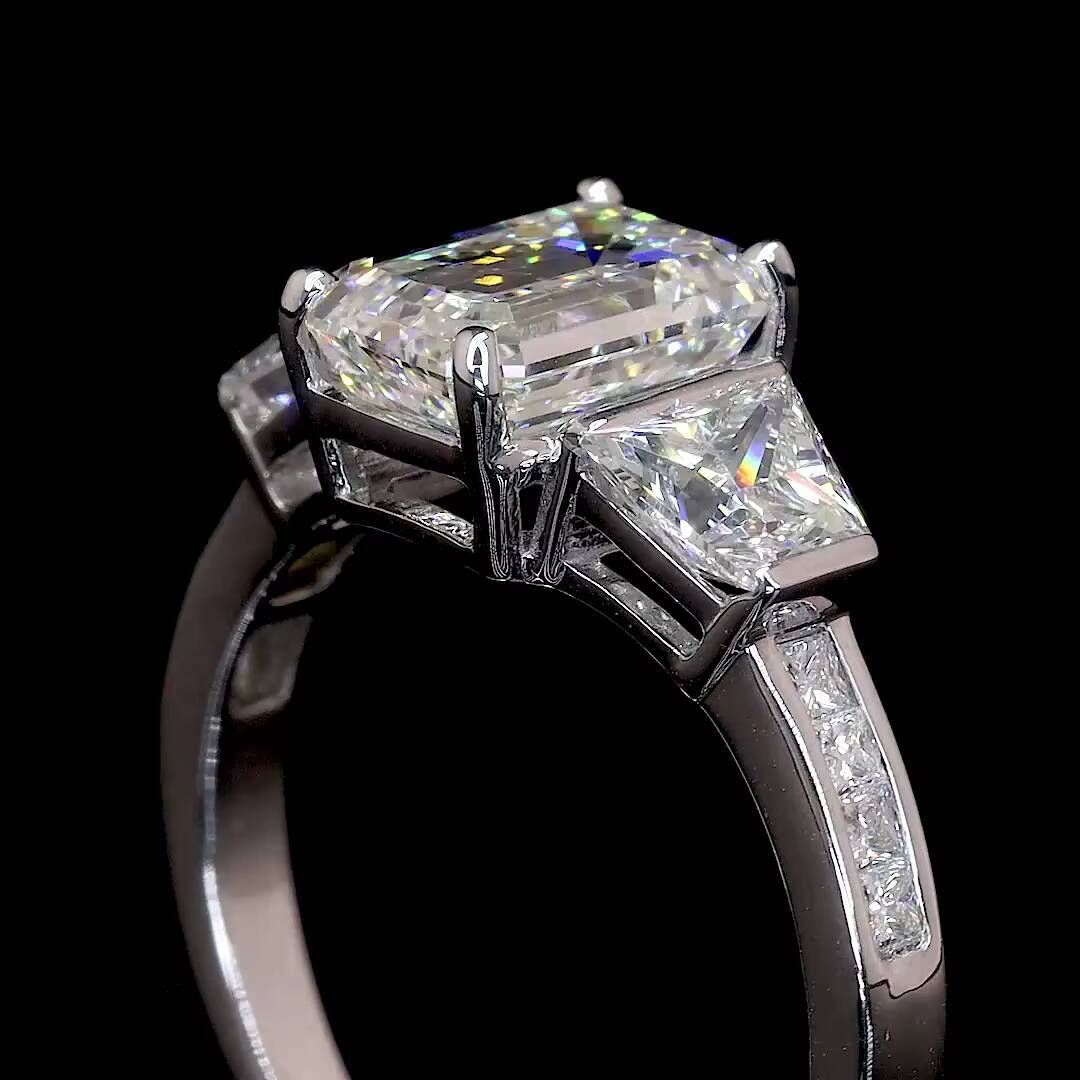 Lab Grown Diamond Ring 3ct D VS1 Emerald Cut CVD 3 Stones Engagement Ring in 14k or 18k Gold VS1 Lab Diamond Ring