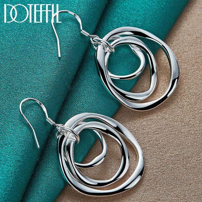DOTEFFIL 925 Sterling Silver Three Circle Drop Earring For Woman Lady Wedding Engagement Party Fashion Jewelry