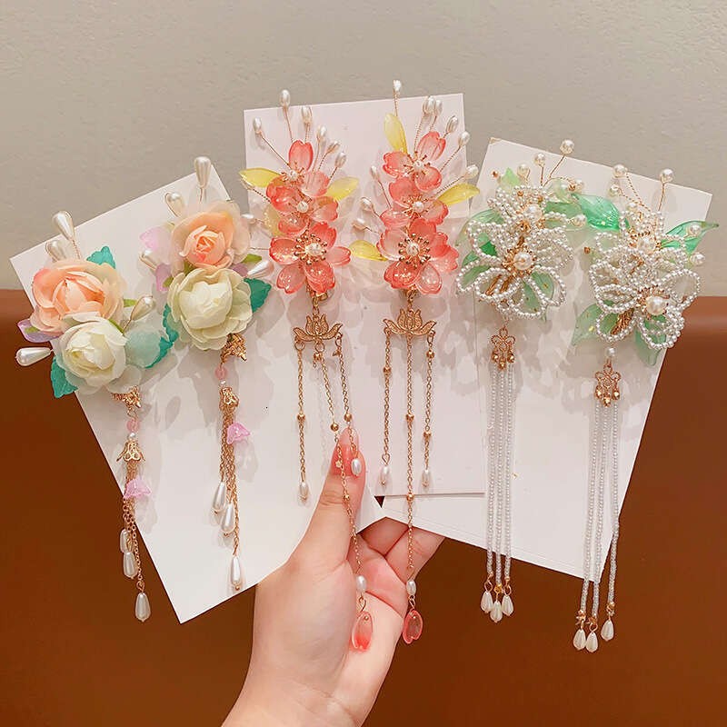 Ancient Style Hair for Girls, Classical Flower Tassel Hairpin, Step Shake Super Fairy Side Clip, Children's New Hanfu Accessories