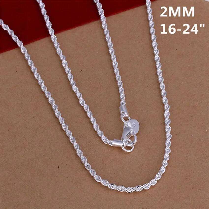 16-24INCHES 925 Sterling Silver 2MM Rope Necklace Beautiful Fashion Elegant for Women Men Chain Cute Can Pendant