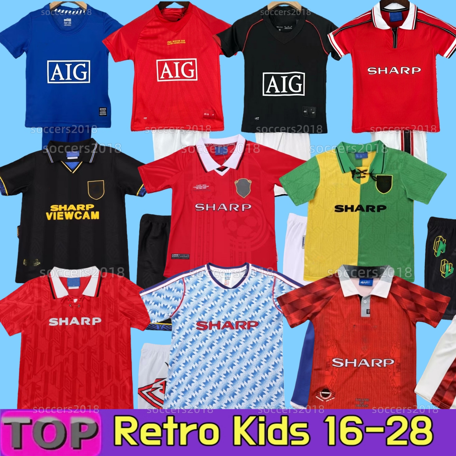 2007 2008 Retro kids Soccer Jerseys Ronaldo Rooney Nani 2002 06 09 Giggs Scholes Tevez BERBATOV VIDIC KEANE 90 92 93 94 96 1998 1999 SCHOLES Football 16-28