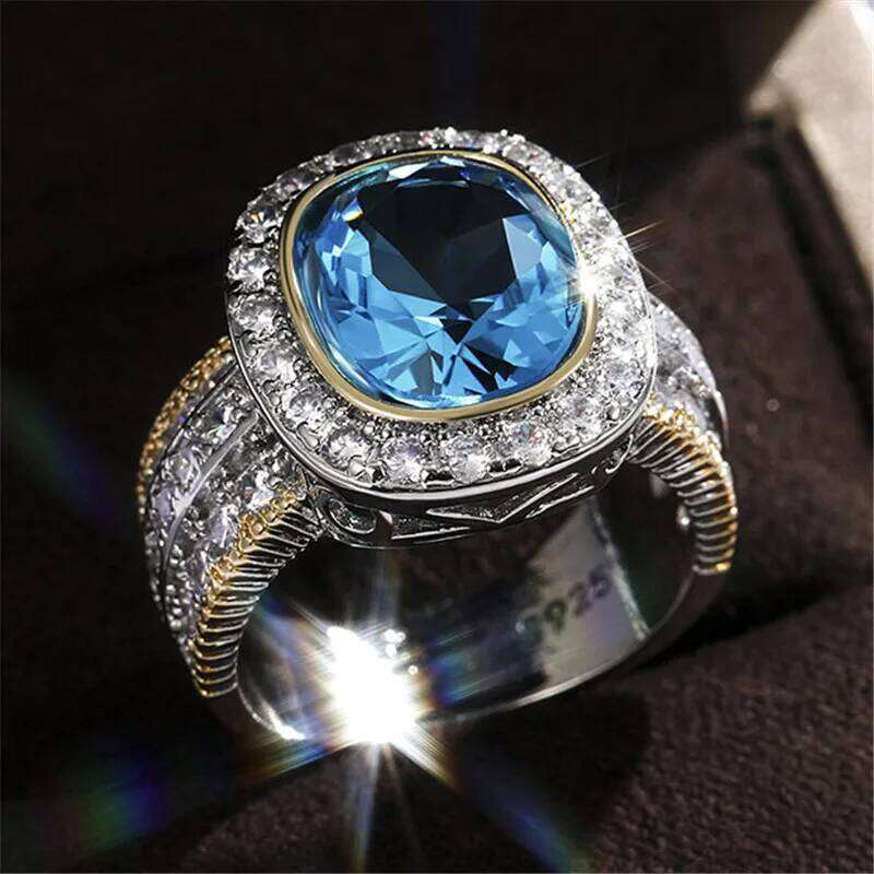 Fashion Silver Color Gorgeous Rings for Women Party Big Sky Blue Stone Two Tone Design Noble Jewelry Birthday Gift