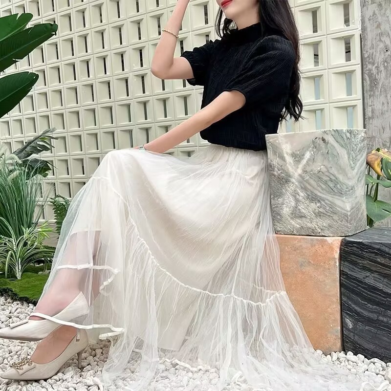 Runway Soft Tulle Skirt Hand-made Maxi Long Pleated Skirts Vintage Petticoat Voile Jupes Falda 210621