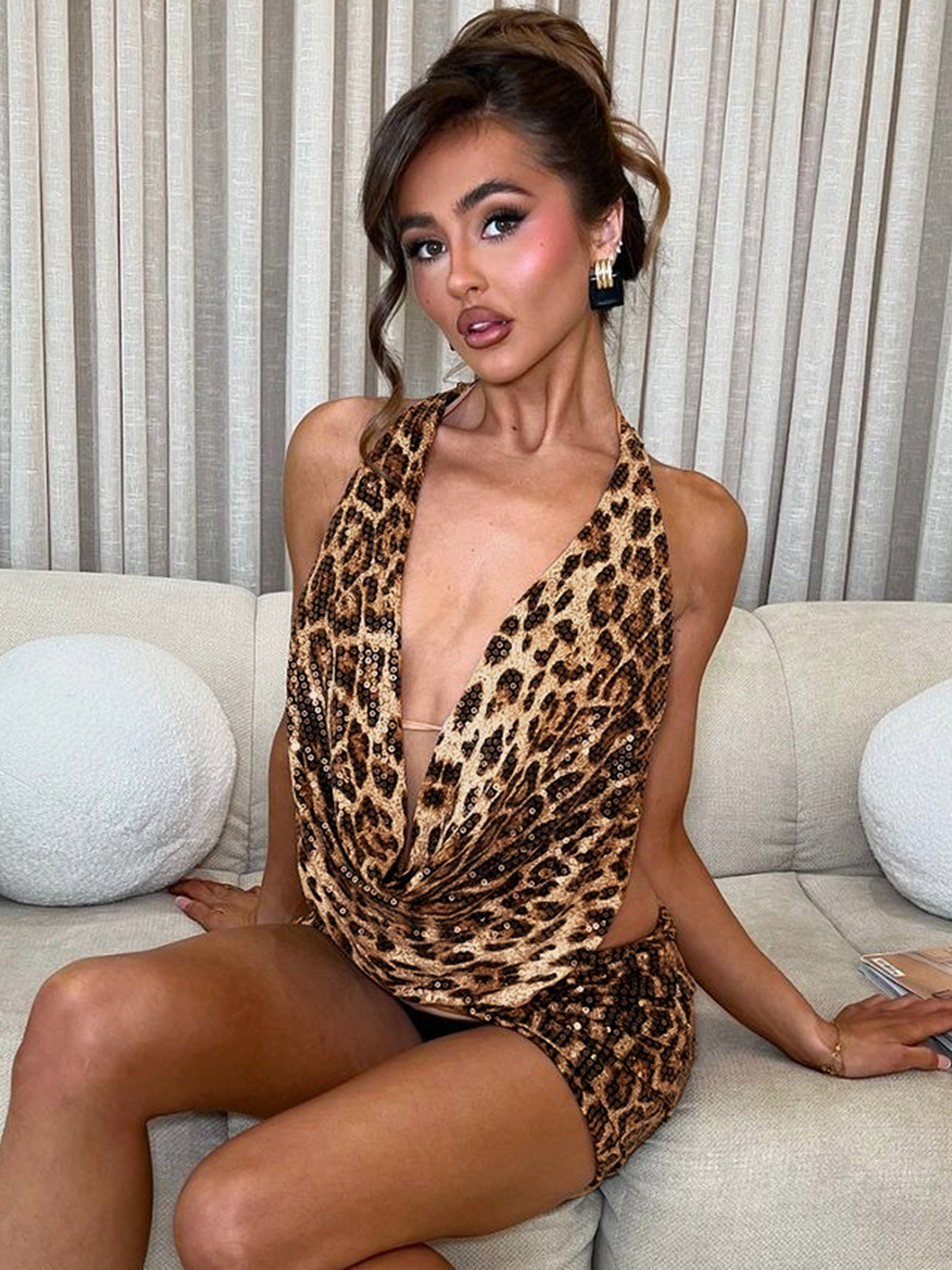 Women's Fall New Arrival Trendy Street Style Leopard Print Low-Cut Sequin Bodycon Dress Set