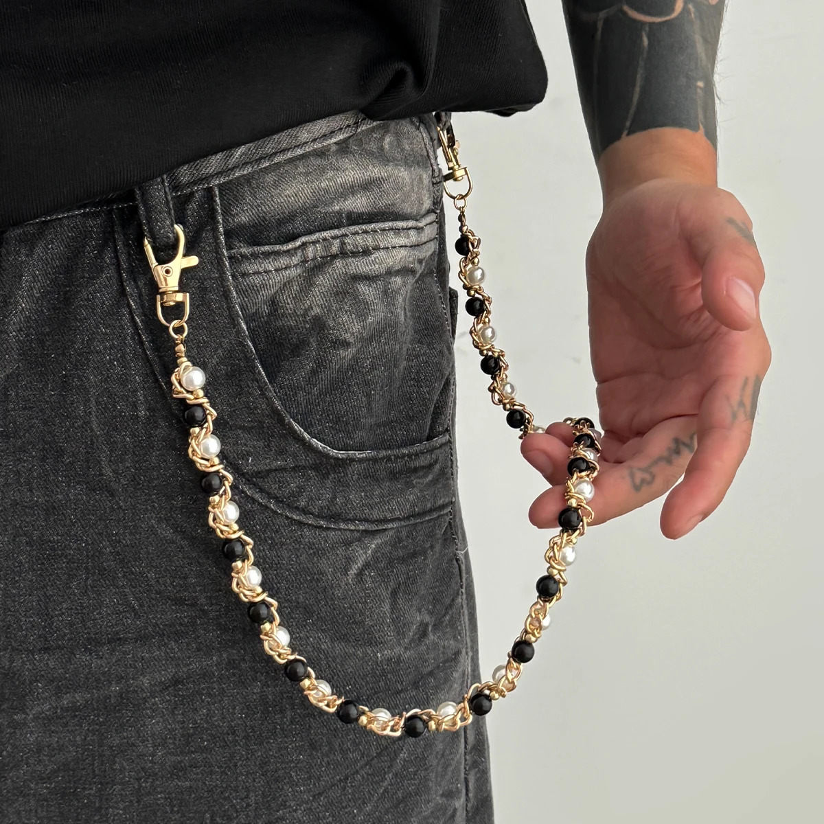 Salircon Punk Pearl Trousers Hipster Pant Jeans Keychain Ring Clip Men Metal Handmade Beaded Waist Chain Jewelry Gifts 260104