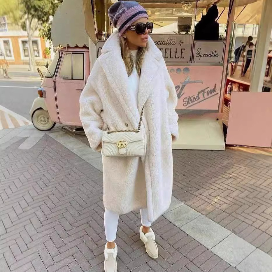 Amazon 2024 Autumn Winter Loose Shearling Faux Fur Coat Women's Mid-Length Trench Lamb Wool
