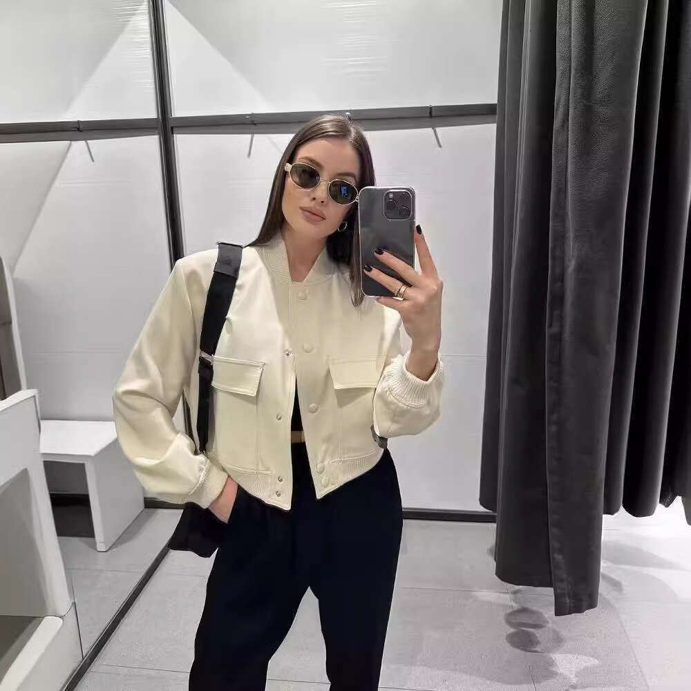 Hot Sale Wholesale Cross-Border Spring New European and American Style Women's Large Pocket Jacket Stand Collar Coat for Women