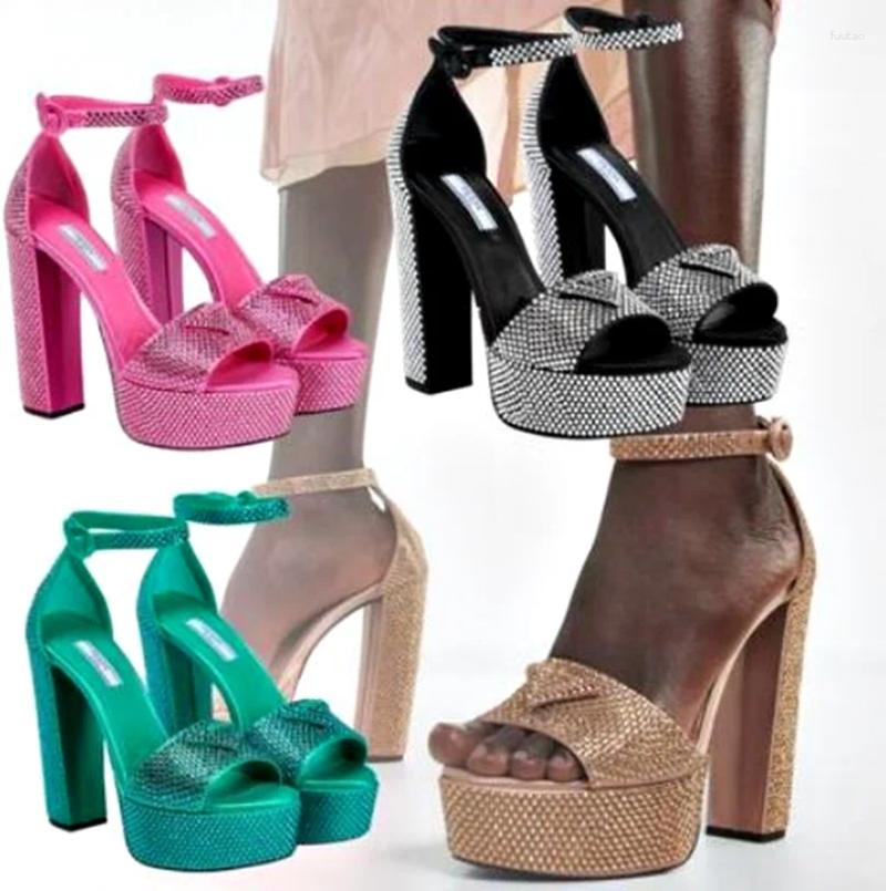 Sandals Rhinestone Embellished Gold-Tone 135Mm Platform Chunky Heeled High Heel Glitter Pumps Women Heels Summer Shoes