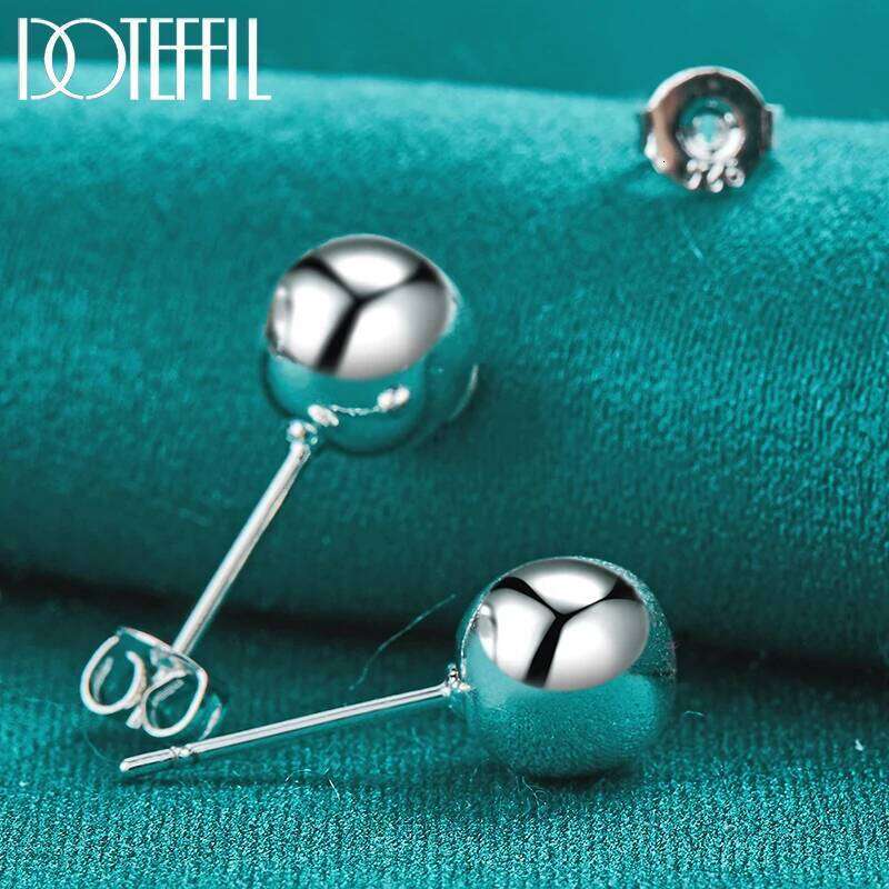 DOTEFFIL 925 Sterling Silver 8mm 10mm Round Smooth Solid Bead Ball Stud Earrings For Women Wedding Engagement Party Jewelry