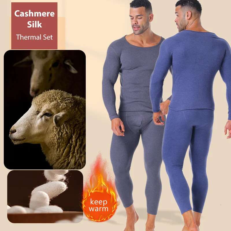 Winter Long Johns Mens Thermal Underwear Thickened Cashmere Silk Base Layer Set Fleece Warm Pajamas Round Neck 260106
