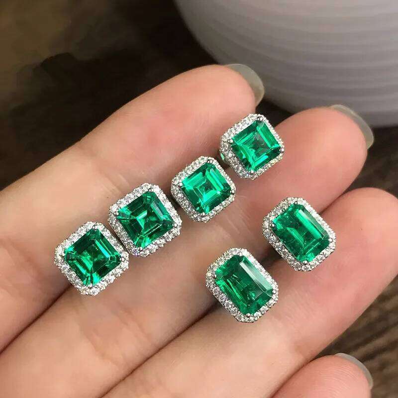 Cute Square Female Emerald Crystal Green Fashion 925 Sterling Silver Wedding Double Stud Earrings for Women