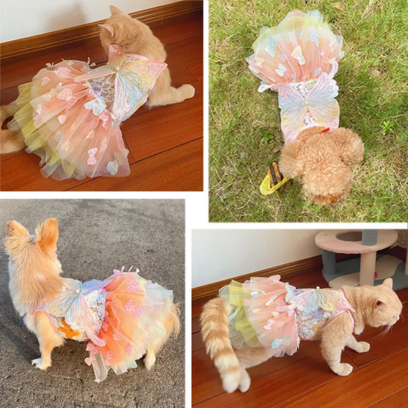 Pink Butterfly Lolita Dress for Small Dogs Pet Princess Lace Skirt with Wings Cat Puppy Kitten Dresses Wedding Party Outfit 251225 H260130