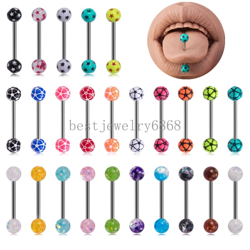 Stainless Steel Tongue Studs Geometric Shape Football Star Sequins Fake Opal Ear Bone Studs Body Piercing Tongue Jewelry