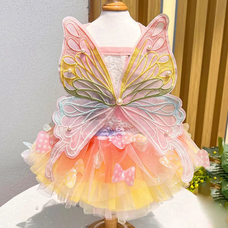 Pink Butterfly Lolita Dress for Small Dogs Pet Princess Lace Skirt with Wings Cat Puppy Kitten Dresses Wedding Party Outfit 251225 H260130