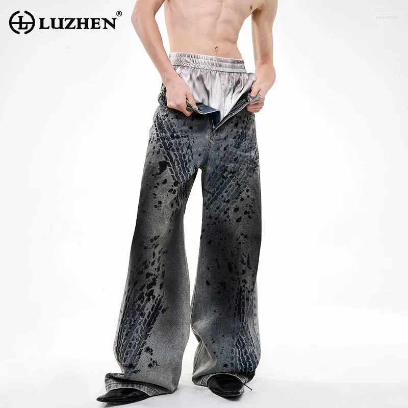 Men's Jeans LUZHEN Stylish Original Vintage Wornout Tie-dyed Wide Leg 2026 Streetwear Loose Straight Denim Pants Male JY4517