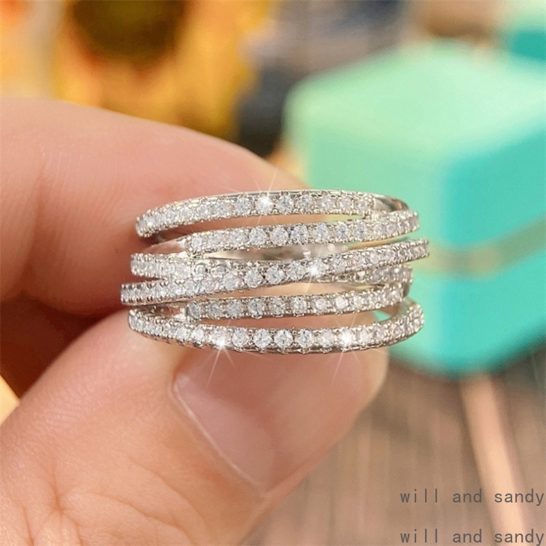 Iced Out Cubic Zirconia Mutilayer Stack Ring Band Charm Designer Jewelry Sterling Silver Hollow Crystal Heart Cross Finger Tail Knuckle Rings for Woman Jewelry
