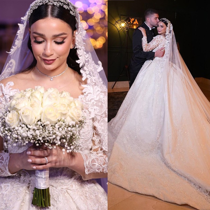 Elegant Sequined Lace Wedding Dresses A Line Cathedral Train Long Sleeves Vintage Sheer Neck Bride Gowns Custom Made Tiered Castle Bridal Dresses 4J04