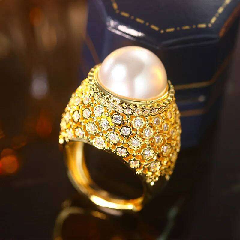 Exquisite Pearl Yellow Gold Color Wedding Rings Women Dense Paving Shiny CZ Romantic Marriage Party Ring Fashion Jewelry