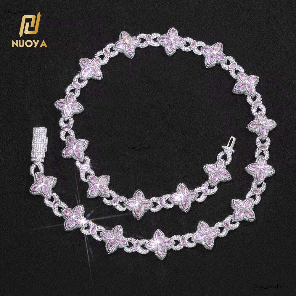 NUOYA Boutique Jewelry Silver-Plated Cuban Chain Colorful Eye Marquise VVS Moissanite Iced Diamond Four-Leaf Clover Necklace
