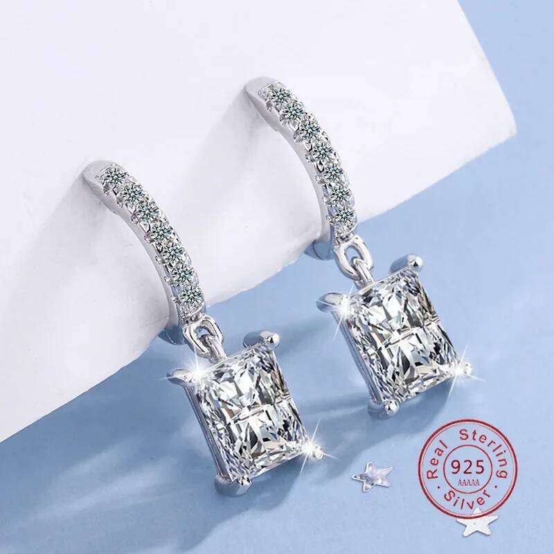 Trendy Drop Rectangular Zircon 925 Sterling Silver Circle Ladies Earrings Original Wedding Jewelry for Women Anti Allergy