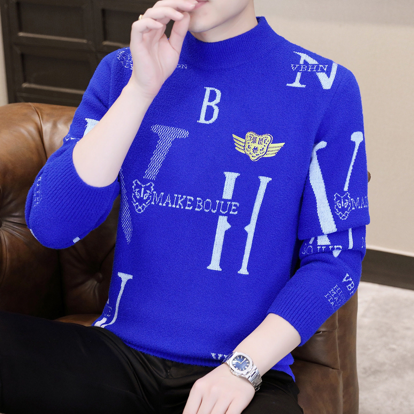 2026 New Style One-piece Fuzzy Sweater Men's Luxury Trendy Knitted Shirt Warm And Thick Jacquard Lettered Casual Underwear Fashionable Versatile 
