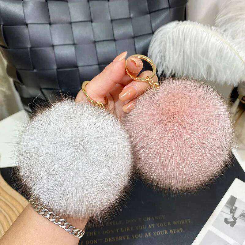 9CM Real ox Fur Ball Keychains for Women Girls Soft Plush Pompom Pendant Key Chains Rings Keyring Holder Charm Bag Gifts XJ260106