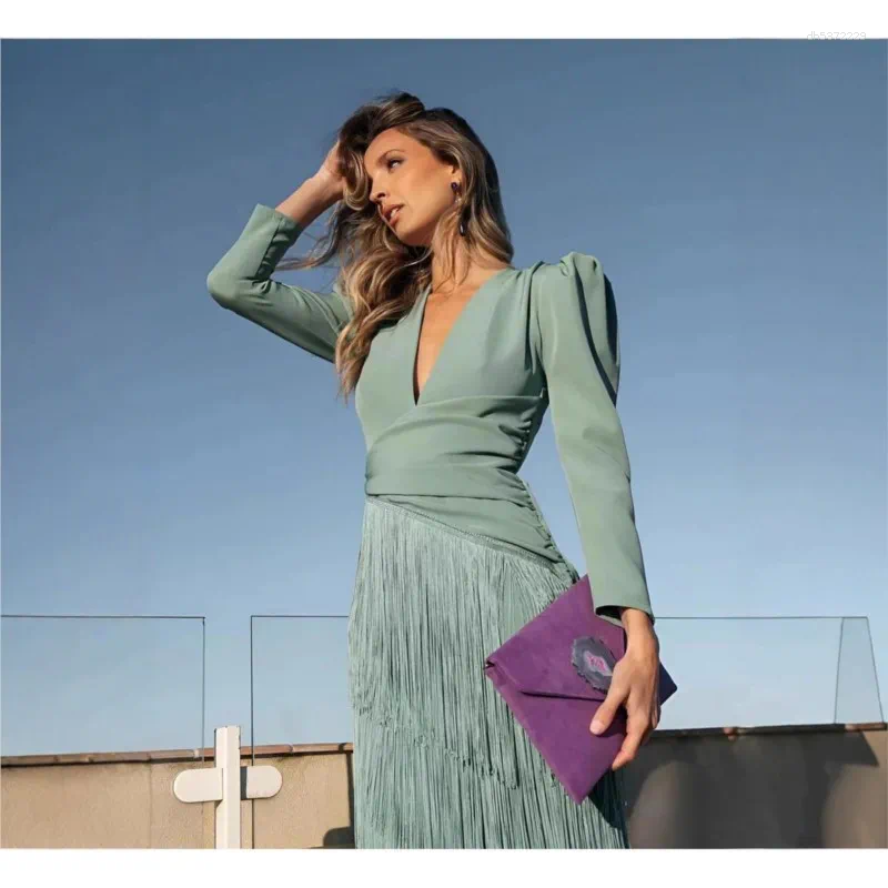 Casual Dresses Autumn Long Sleeve Spliced Tassel Party Woman Elegant Deep V Neck Sheath Dress Fashion Holiday