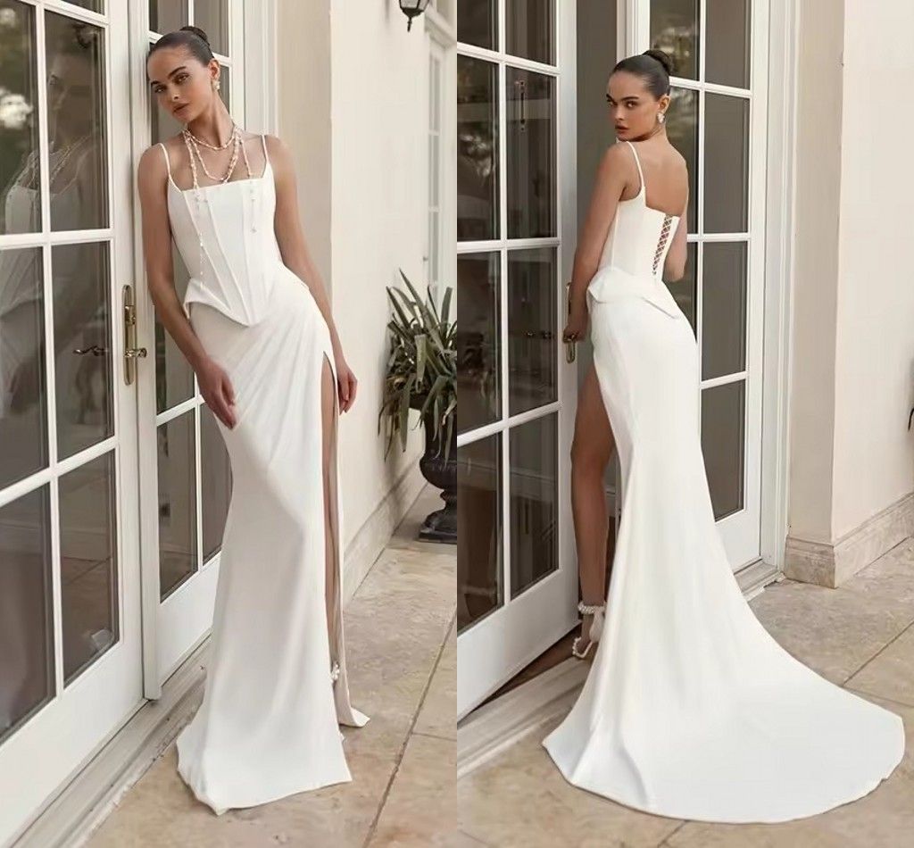 Ivory Satin Basque Waist Mermaid Wedding Dress Spaghetti Straps Corset Boning Simple Bridal Gowns Sweep Train Lace-up Back Side Slit Robe De Mariee Customized