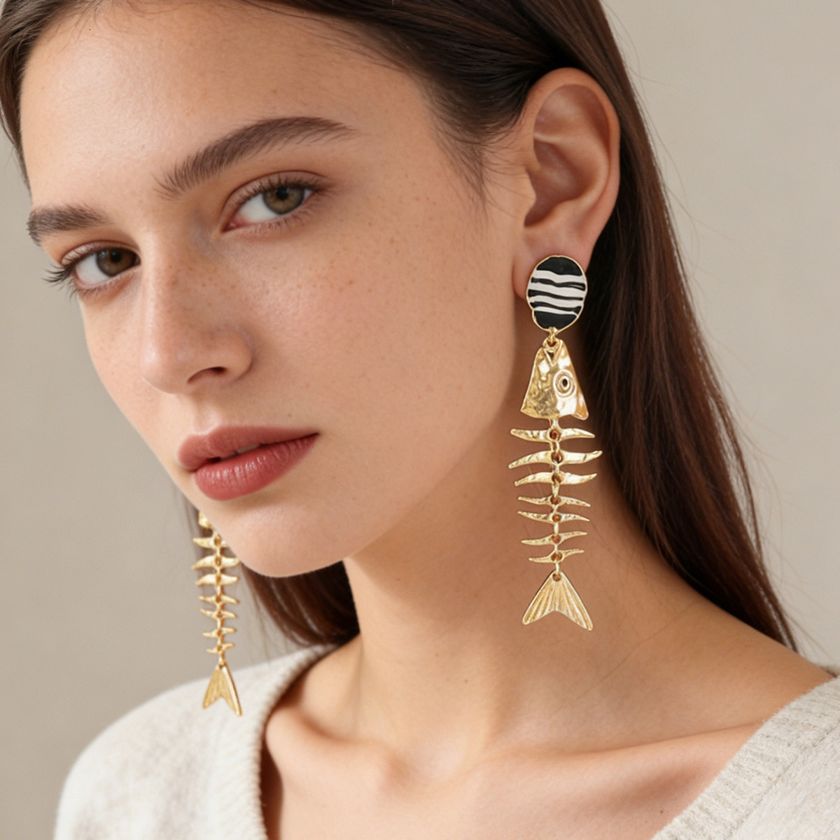 Personality Trend Retro Unique Design Alloy Oil Drop Fish Bone Piercing Jewelry Ocean Leisure Vacation Style