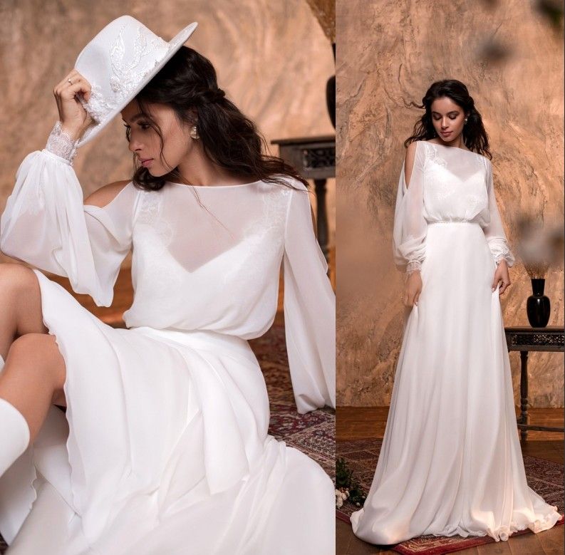 Flowing Chiffon A Line Wedding Dress For Bride With Long Sleeves Eyelash Lace Boho Beach Bridal Gowns Sweep Train Simple Second Reception Dress