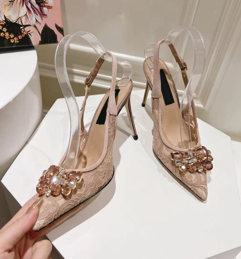 Luxury Elegant Woman Slingback Pump Dress Sandal Taormina Lace With Crystals Red Black Pink Rainbow Lace Pumps Gemstone Flower Wedding Lace Heel