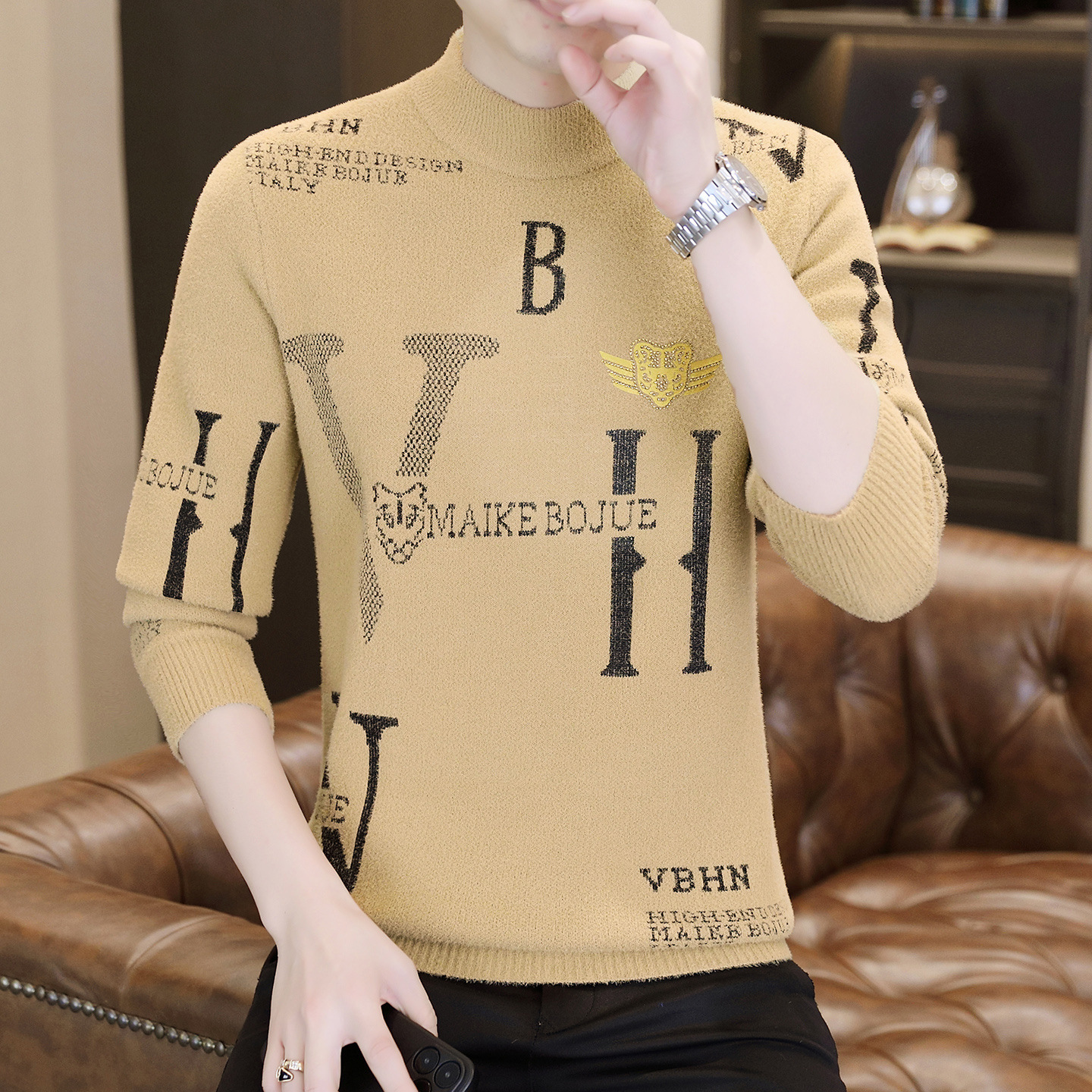 2026 New Style One-piece Fuzzy Sweater Men's Luxury Trendy Knitted Shirt Warm And Thick Jacquard Lettered Casual Underwear Fashionable Versatile 