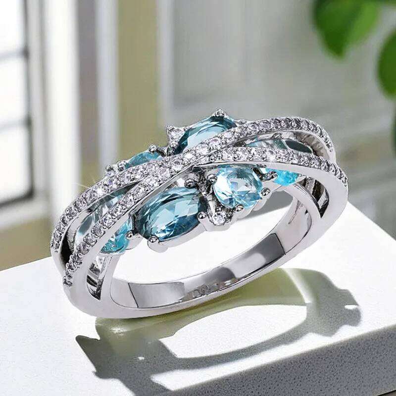 Cross Band with Blue Cubic Zirconia New Women Rings Fashion Design Female Finger Jewelry Gifts