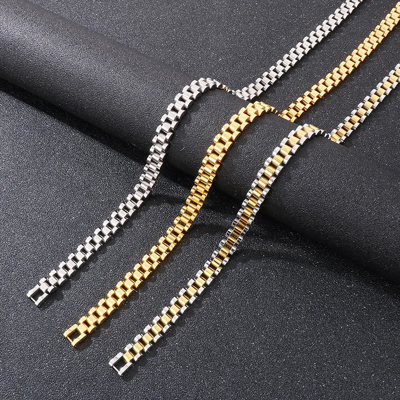 10MM Punk Gold Color Strap Watchband Necklace Bracelet Men Women Hiphop Rock Stainless Steel Watch Chain Choker Jewelry 251230