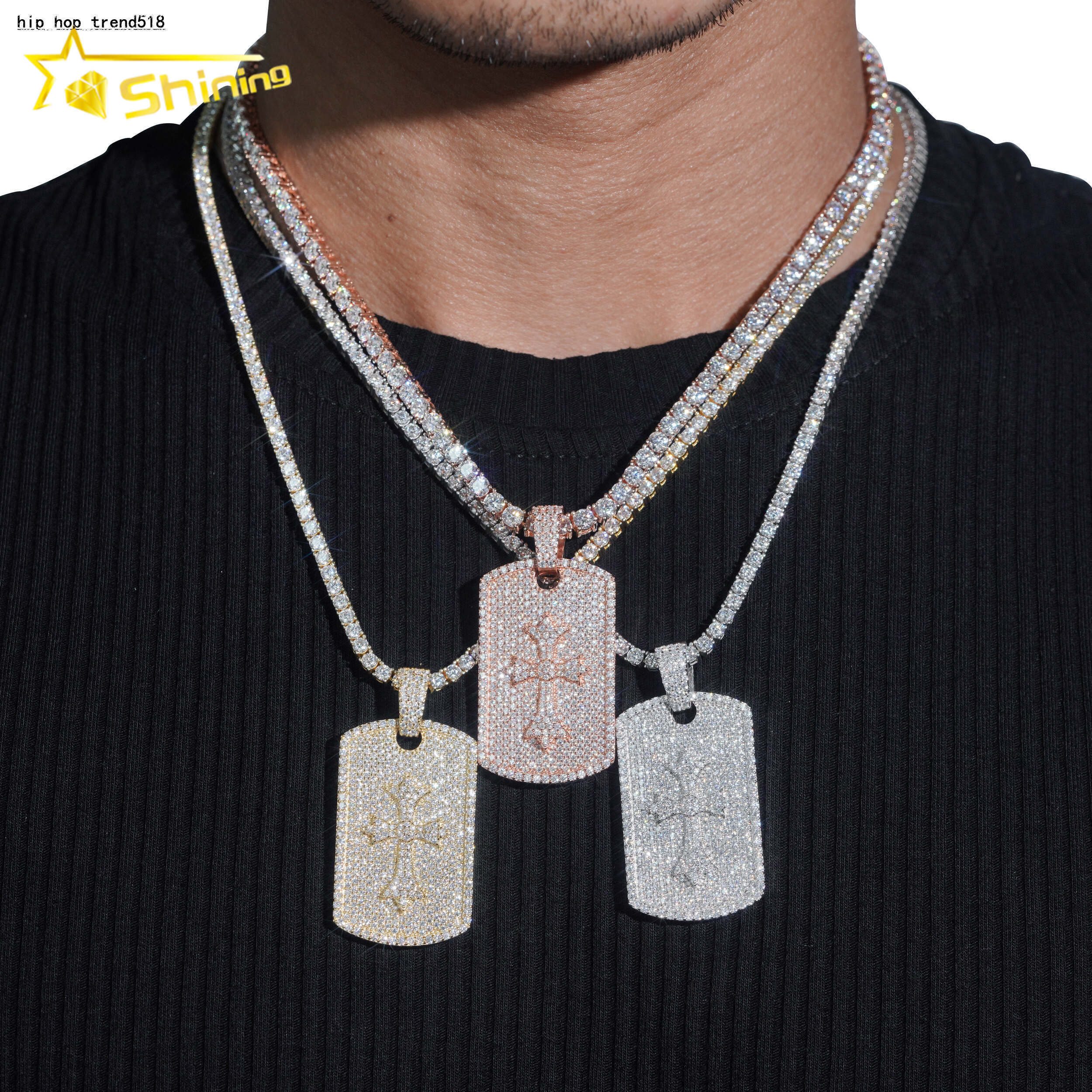 Hot Sale RTS Cross Tag Charm Necklace 925 Sterling Silver VVS Moissanite Pendant Iced Out Diamond Pendant Fine Jewelry
