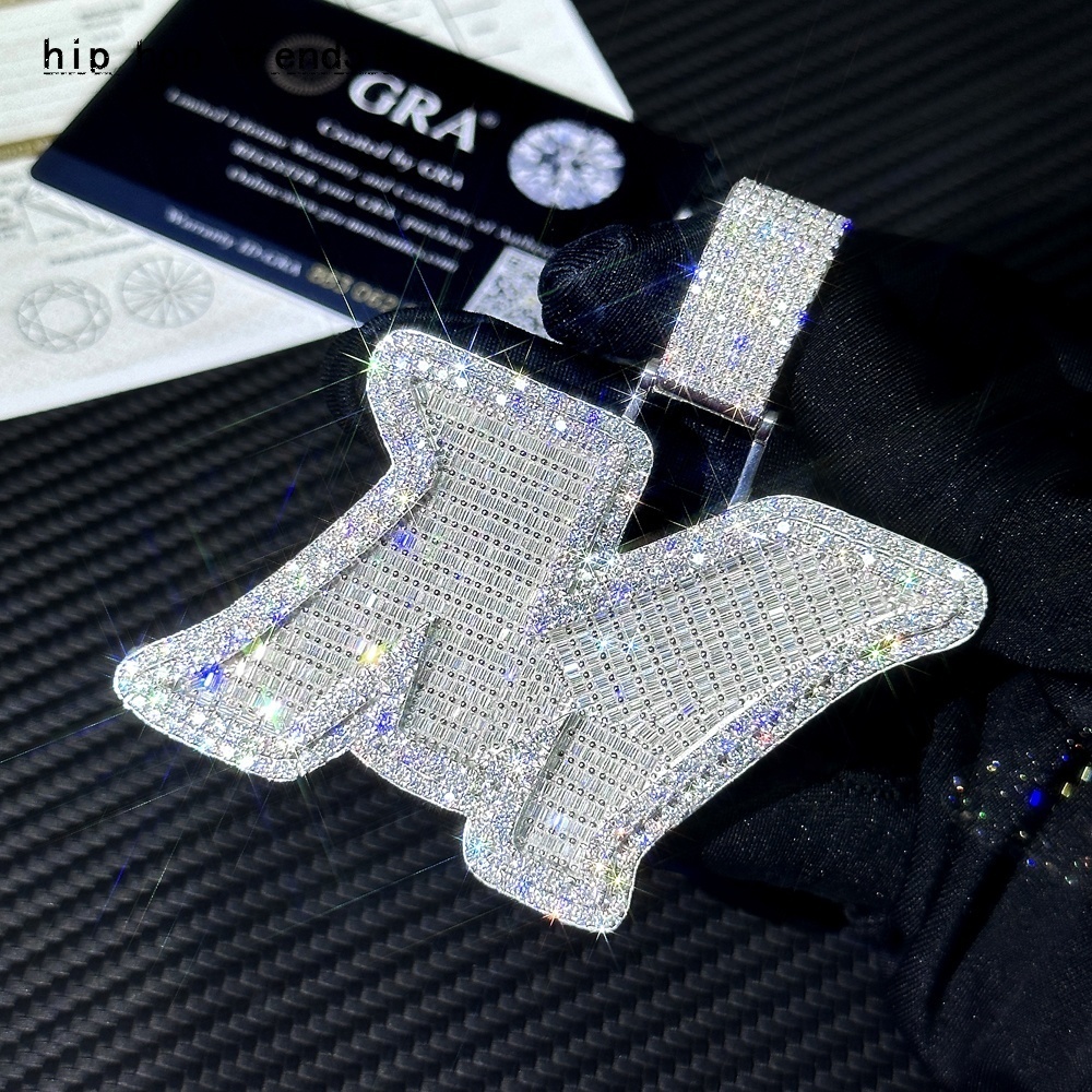 Custom 925 Solid Silver Baguette Moissanite Pendant with Iced Hip Hop Style Letter Design Cuban Link Chain Included Jewelry