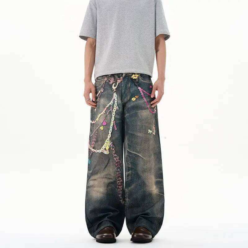 Men's Floor Mopping Candy Printed Canvas Jeans Versatile Casual Long Couple Digital Loose Wide Straight Leg Pants