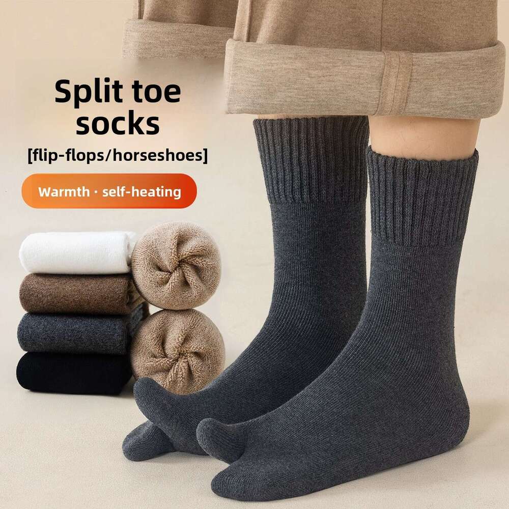Autumn Winter Thickened Men's Two-Toe Cotton Terry Towel Split-Toe Mid-Calf Warm Odor-Resistant Pig's Hoof Socks B2