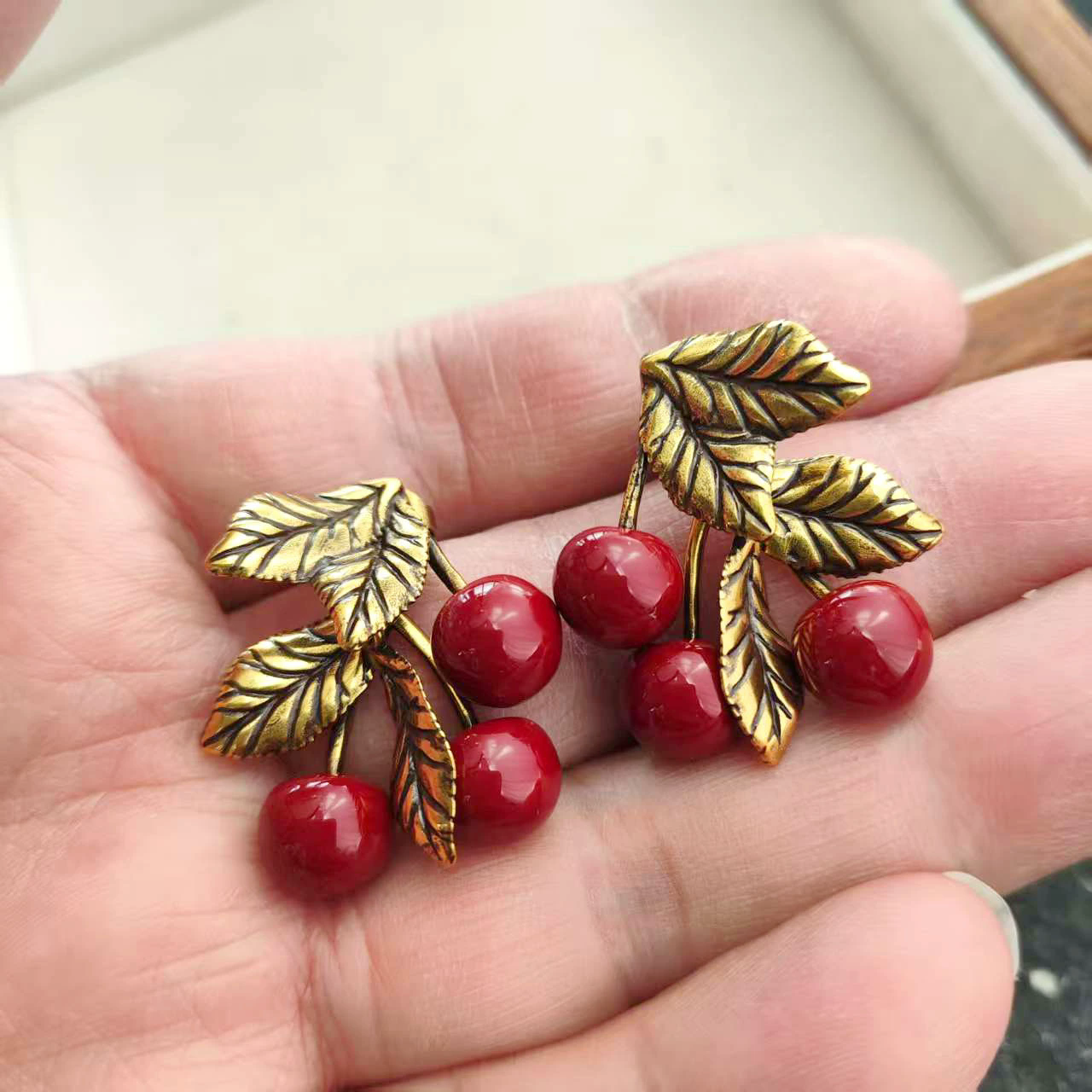 French fashion vintage enamel cherry earrings for women rustic style light luxury socialite making old leaves exquisite high-quality jewelry