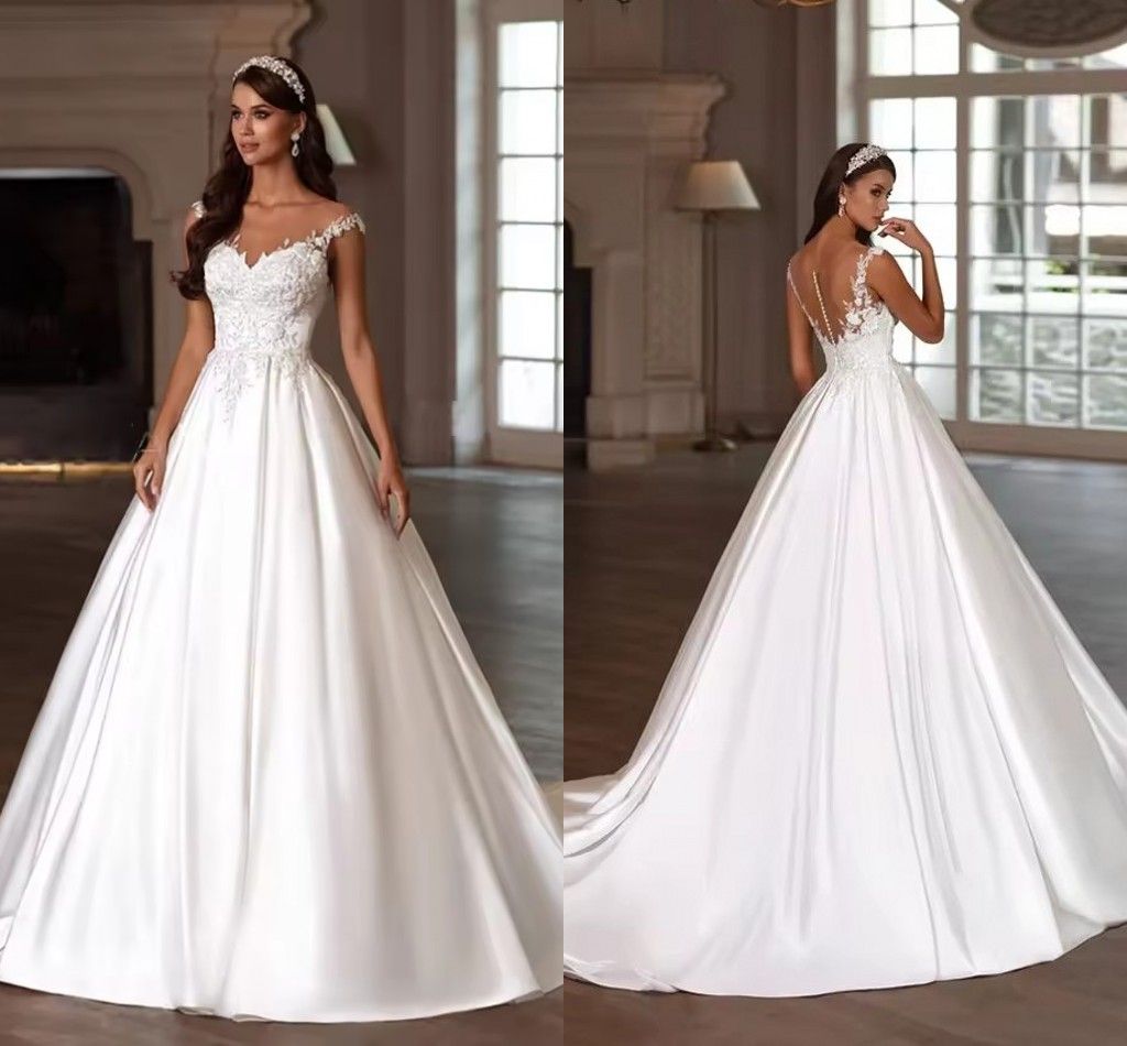 Customized Vintage Satin A Line Wedding Dress With Cap Sleeves Stylish Lace Appliqued Boho Bridal Gowns Sweep Train Plus Size Back Buttons Vestidos De Novia
