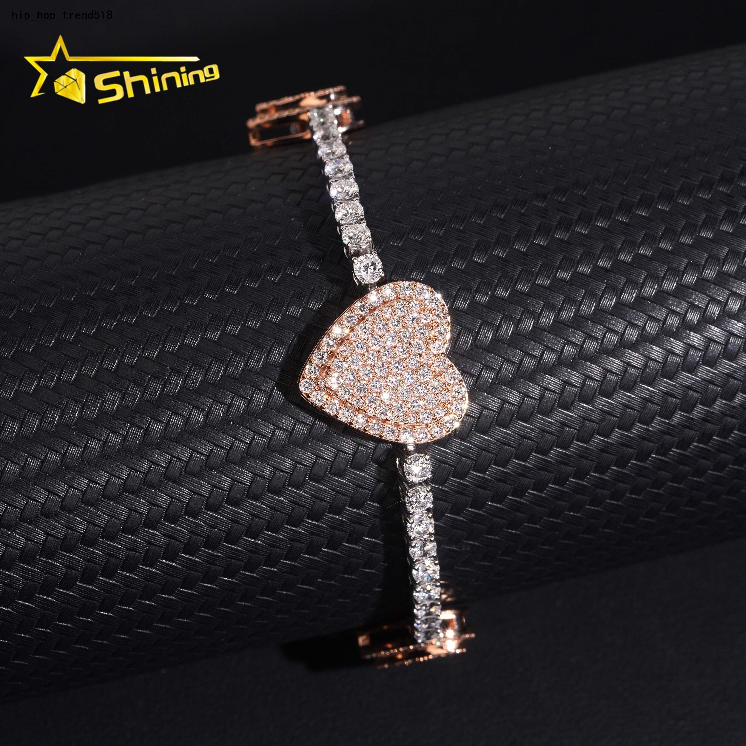 VVS Moissanite Diamond 10K Solid Rose Gold Mix White Gold Heart Charm Tennis Bracelet