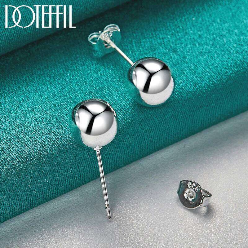 DOTEFFIL 925 Sterling Silver 8mm 10mm Round Smooth Solid Bead Ball Stud Earrings For Women Wedding Engagement Party Jewelry