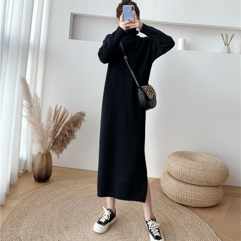 REALEFT Autumn Winter Loose Turtleneck Straight Women Sweater Dresses Long Sleeve Warm Knitted Chic Long Dresses Female 240729