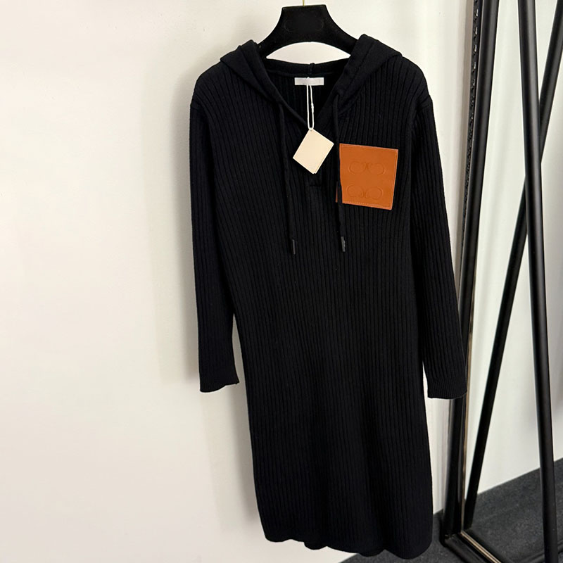Luxury Women Loose Long Dress Black Hooded Collar Vintage Dresses Autumn Spring Evening Holiday Casual Knit Dresses