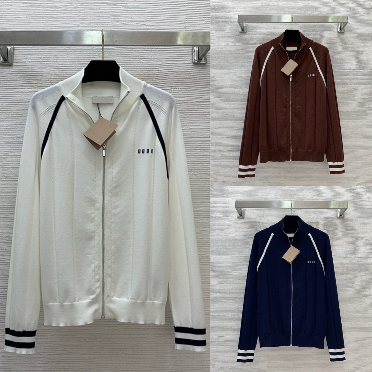 Luxury Women Casual Knit Jacket Contrast Color Stand Neck Zipper Cardigan Autumn Unisex Slim Fit Sweater Coat Brand Preppy Style Knitwear