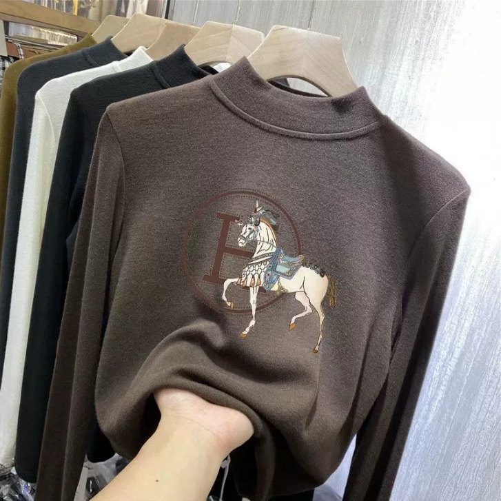 Fleece Half Polo/Turtle Neck Base Layer Women's Clothing Autumn/Winter Style Thickened Warm Sleeves T-Shirt Inner Top