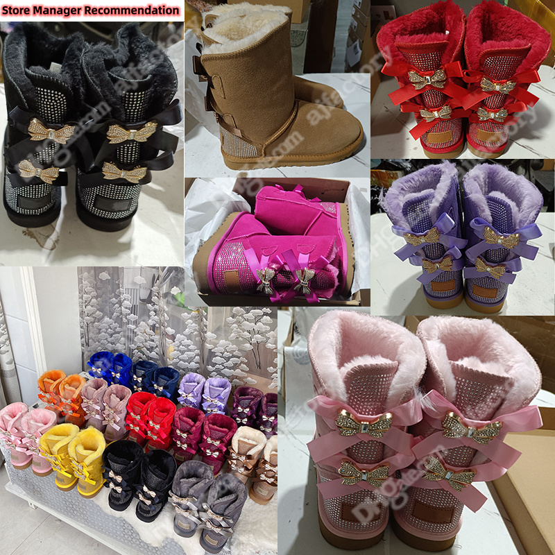 Designer Women diamond drill Snow Boots Autumn Winter Warm Full Fur Fluffy Furry Half Ankle middle bailey bowknot Australia Bootz
